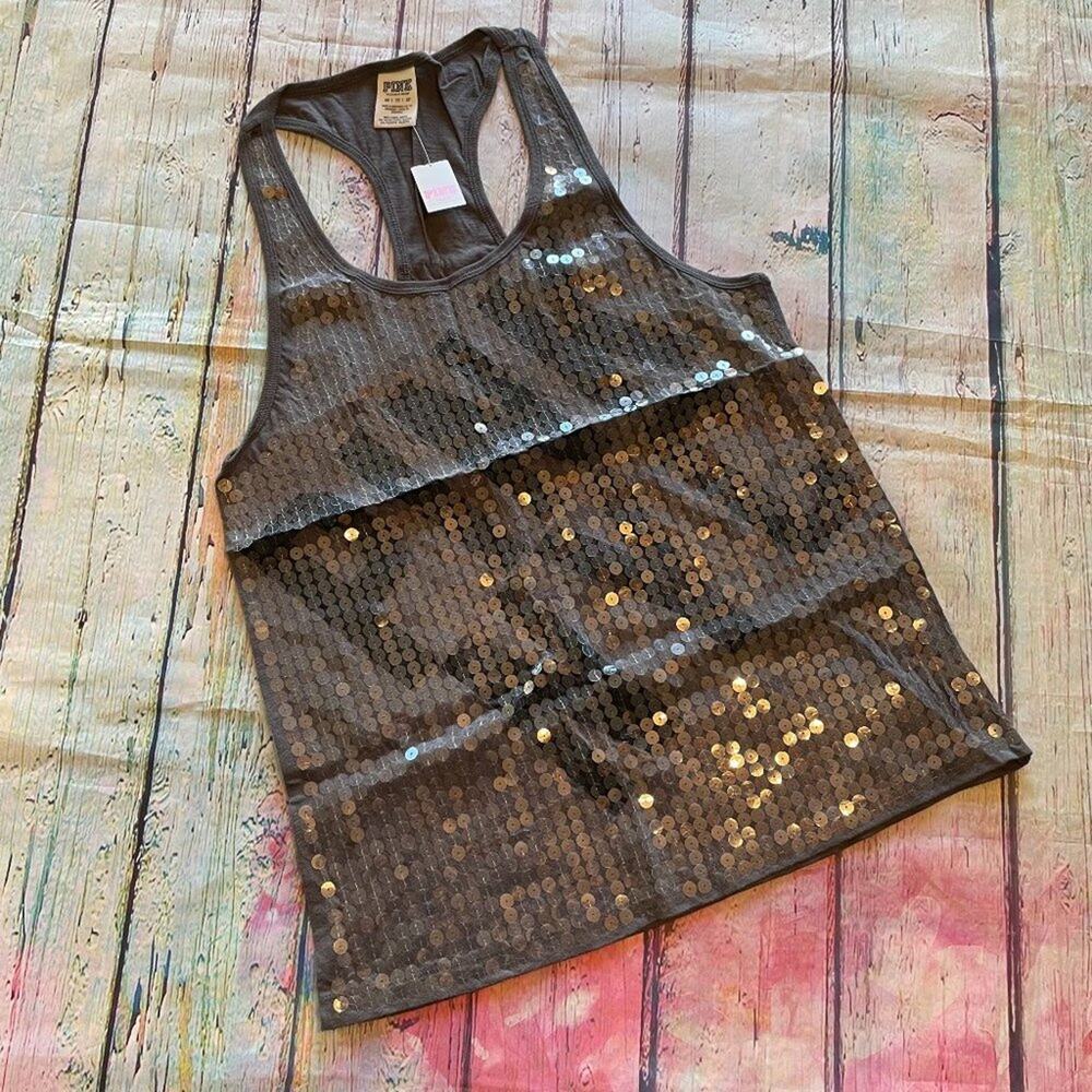 Victoria's Secret PINK Top Womens XS Gray Tank Top NYC Exclusive Sequin New York